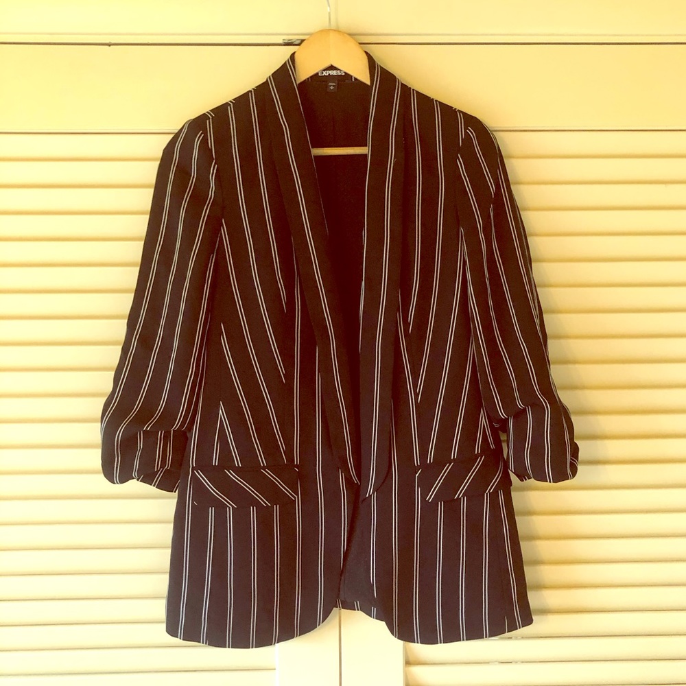 Express ruched sleeve boyfriend blazer - pinstripe